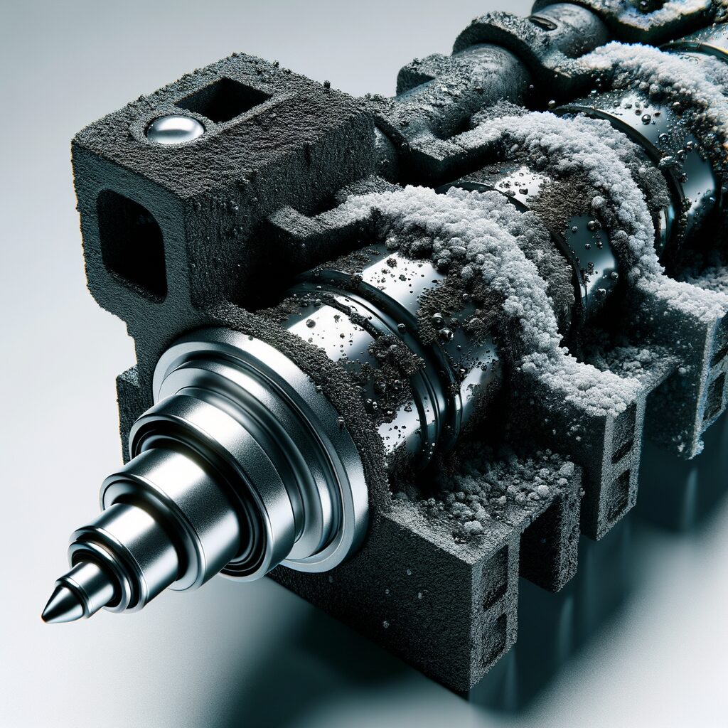 Nahaufnahme einer Kraftstoffeinspritzdüse mit Ablagerungen